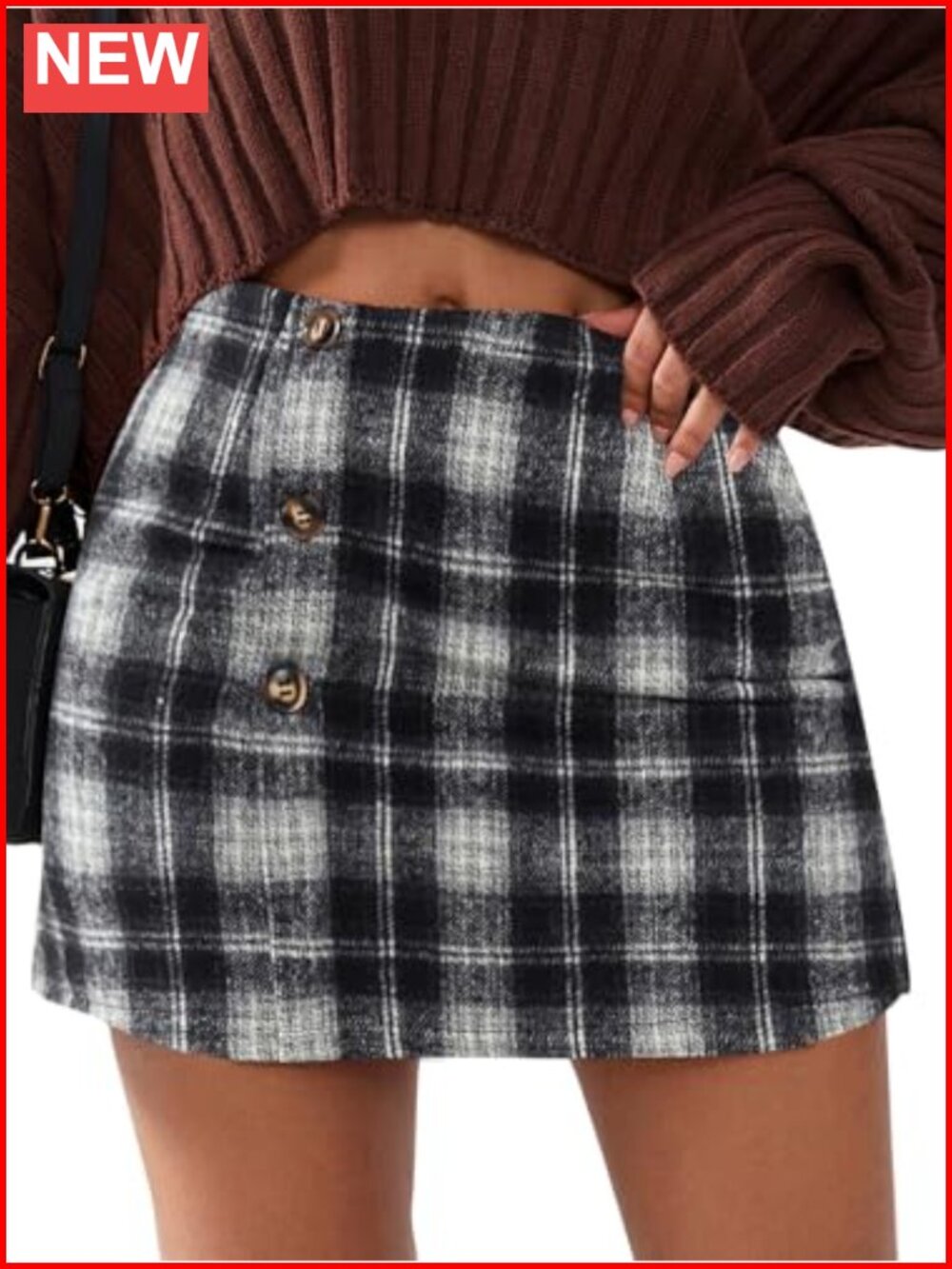 Faux Wool Plaid Mini Skirt High Waisted Bodycon Pockets Fall Winter